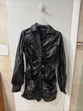 PrettyLittleThing Black Faux Leather Ruched Button-Front Dress